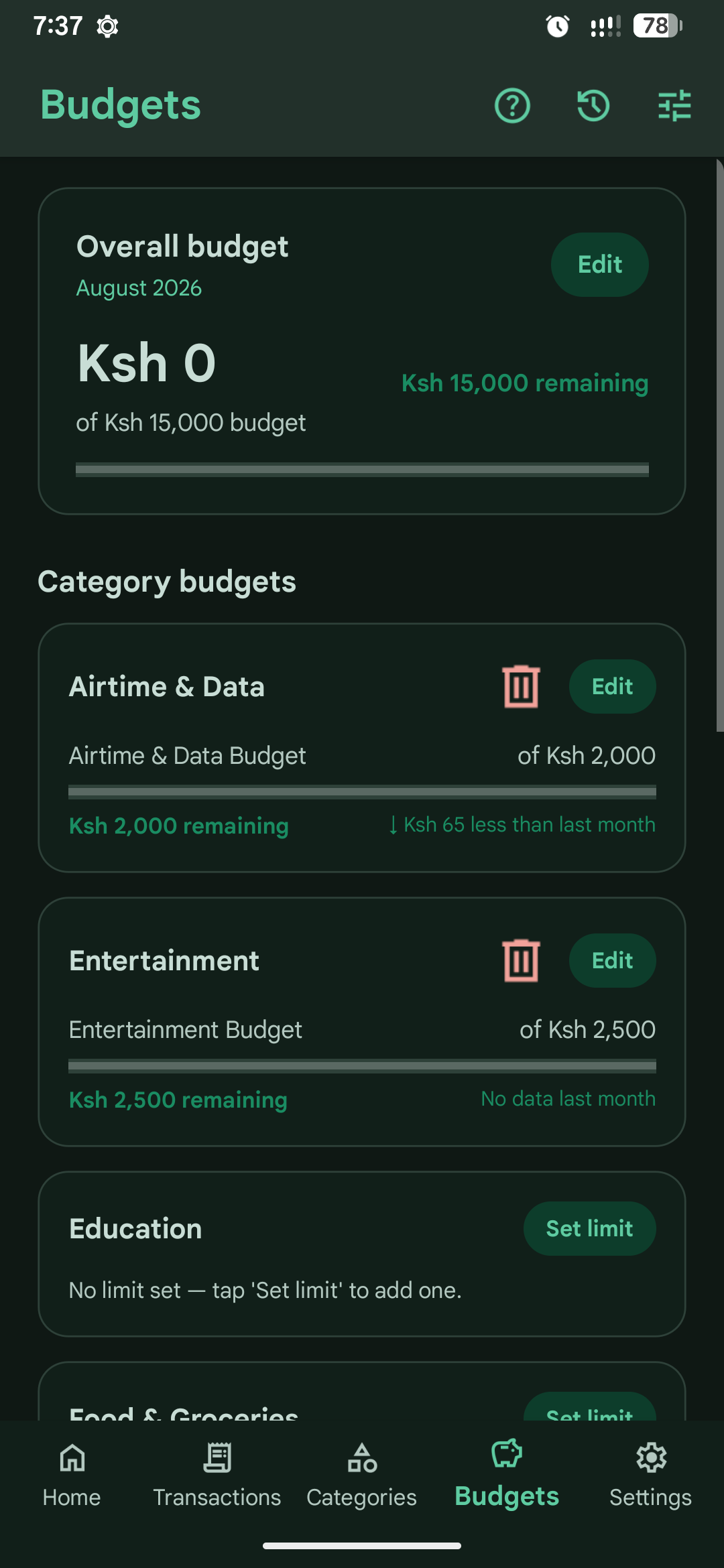 Budgets screen