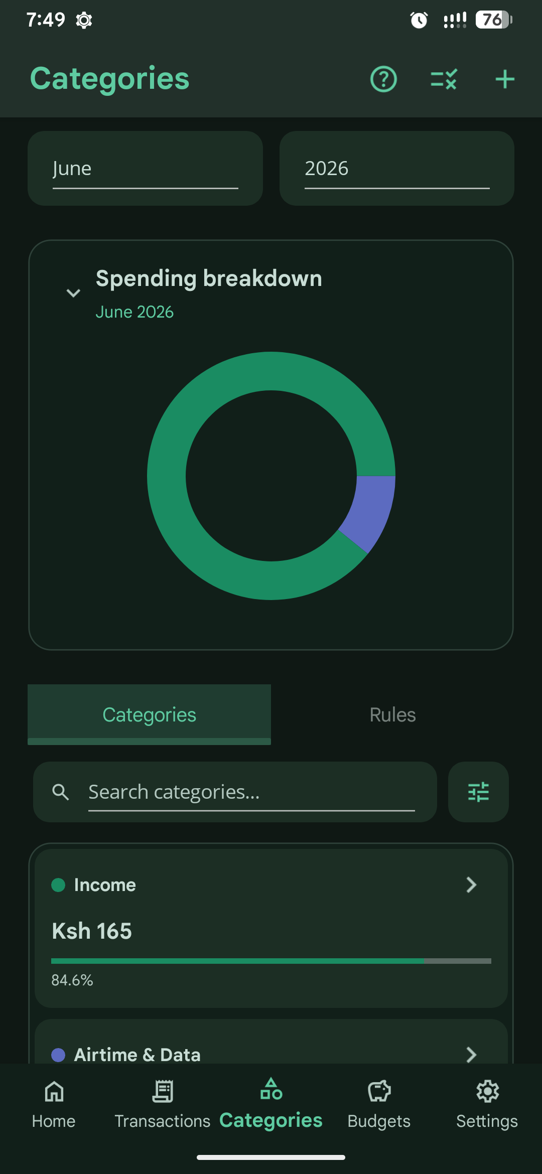 Categories screen