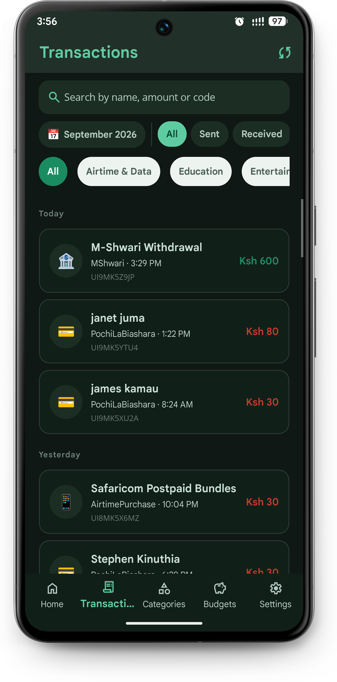Transactions screen
