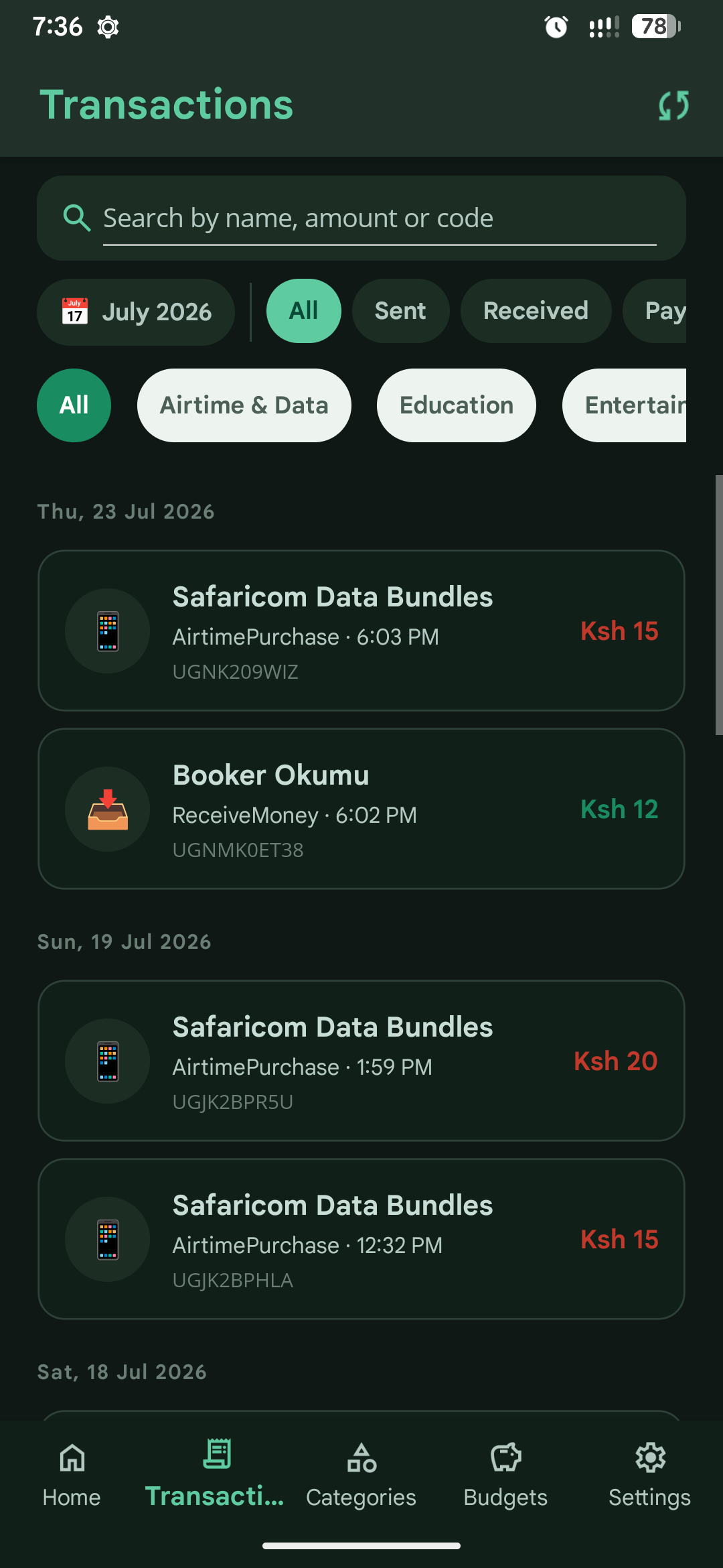 Transactions screen